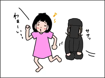 娘の後ろで黒子姿でサポートする母の絵