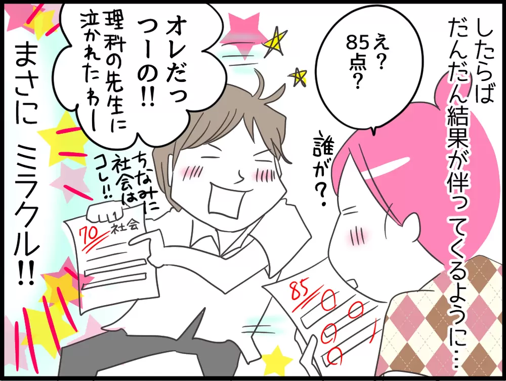 息子がテストで高得点を取ってきて母に見せる様子