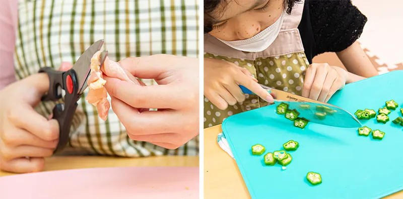 肉を切るのはキッチンばさみで、という工夫も