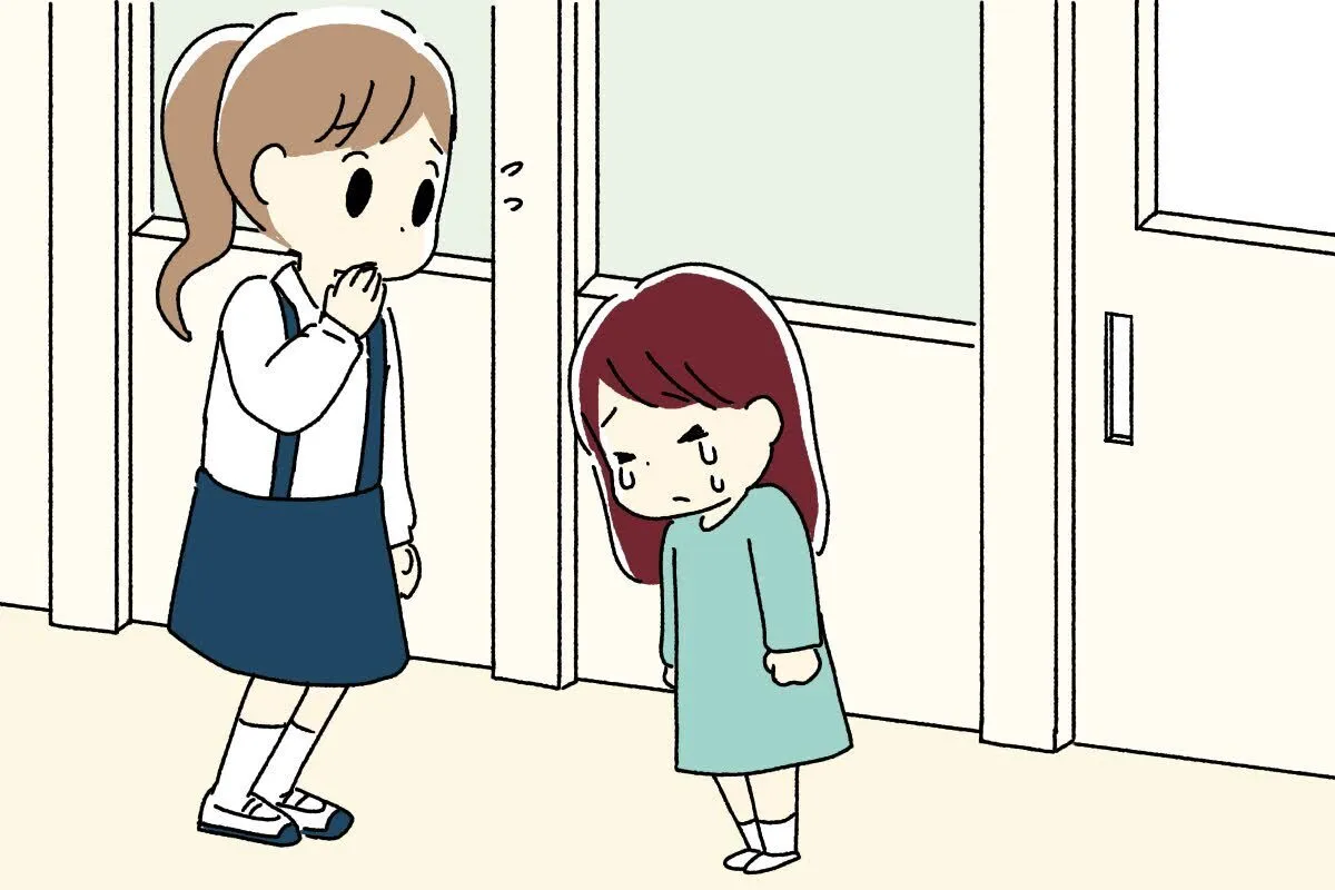 聴覚検査の会場になっている教室の前でしくしくと泣いている娘。隣には困った顔をしたアテンド役のお姉さんが立っていた。