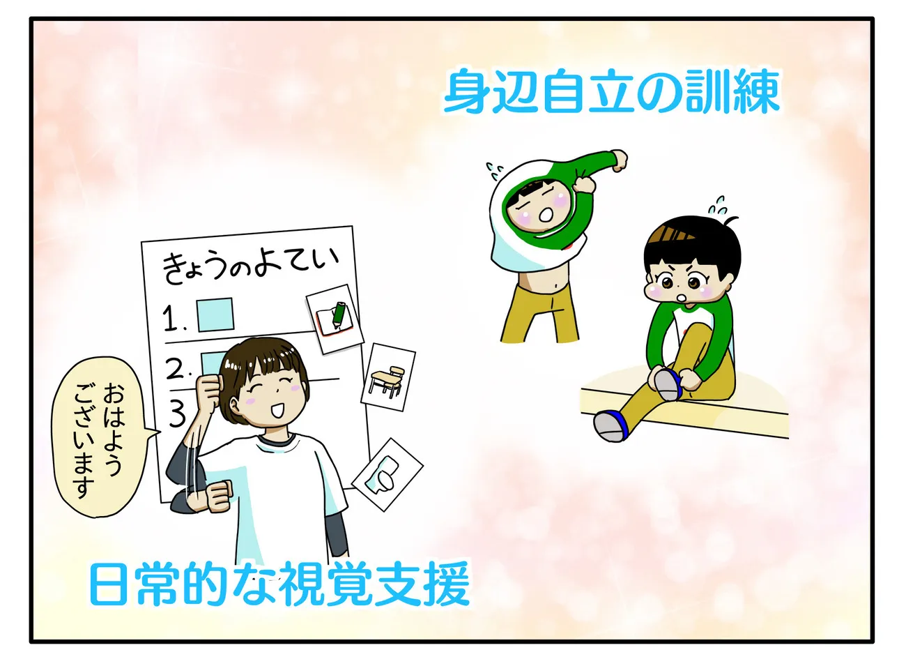特別支援学校内では日常的に視覚支援があふれている。学習の基本は身辺自立などの生活訓練。