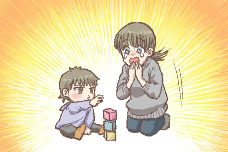 自閉スペクトラム症と知的障害のある娘のまゆみは１歳半ごろ、積み木を積み上げられるようになりました。積み木はまゆみが私のはたらきかけで遊んでくれる数少ないおもちゃの1つでした。（イラスト、にれ）