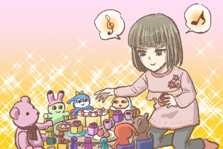 興味があると遊び方も広がりを見せるようになり、ぬいぐるみや積み木を自分で並べて見立て遊びをするようになった自閉スペクトラム症と知的障害のある娘。今まで「一列に並べる」などの遊び方がほとんどだった娘の世界が広がった。（イラストにれ）