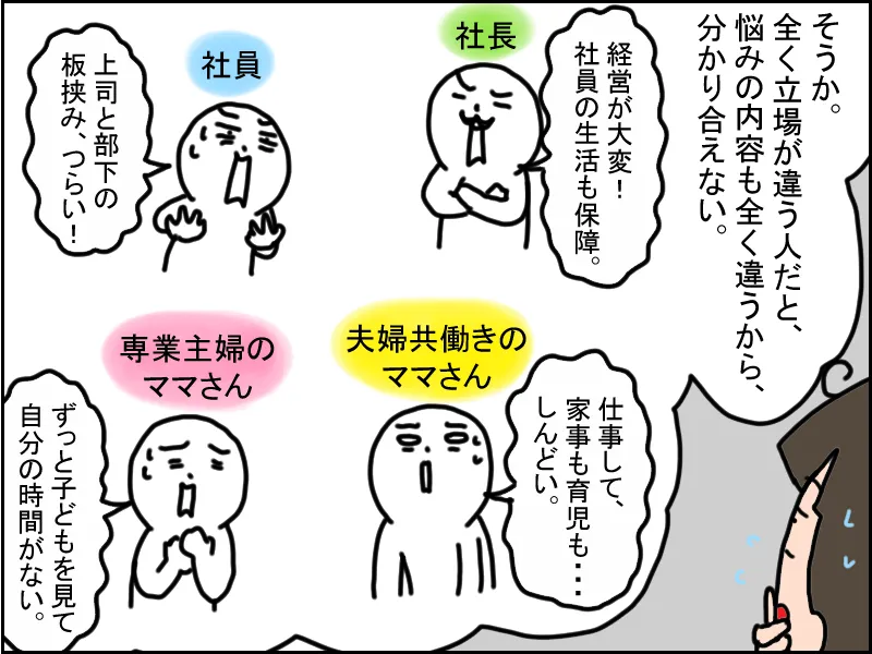 会的な立場が違う人と実際の仕事の内容の話をするとかみ合わなくなってきますよね。仕事が大変なのは分かりますが、仕事の内容自体には共感はできない訳ですから。だから結局、同じ目線や感性で話ができる人と集まるのがいいんですよね。とSAKURAさんにアドバイスする児童精神科医の三木崇弘先生