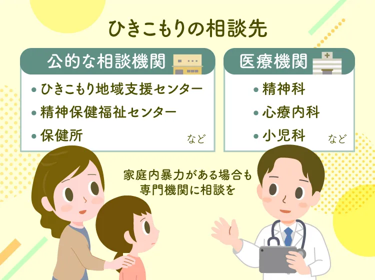 ひきこもりの相談先は主に「公的な相談機関」「医療機関」に分かれます。家庭内暴力などに困っている場合には家族内での解決が困難な場合もありますので、まずはこれらの機関に相談することおすすめします。