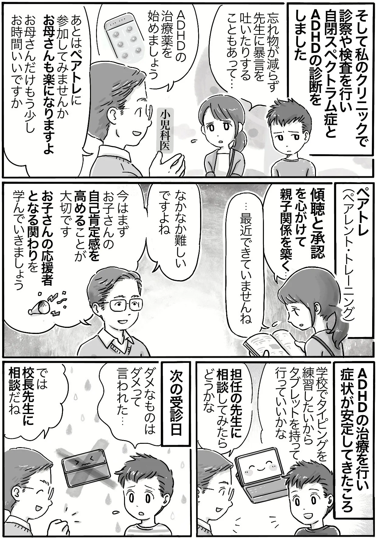 小児科医の診察や、検査を受けて自閉スペクトラム症（ASD）とADHDの診断を受ける。服薬と、ペアレント・トレーニングを開始。少しずつ落ち着いてきたころ、学校にタブレットを持参したいという相談を受ける。