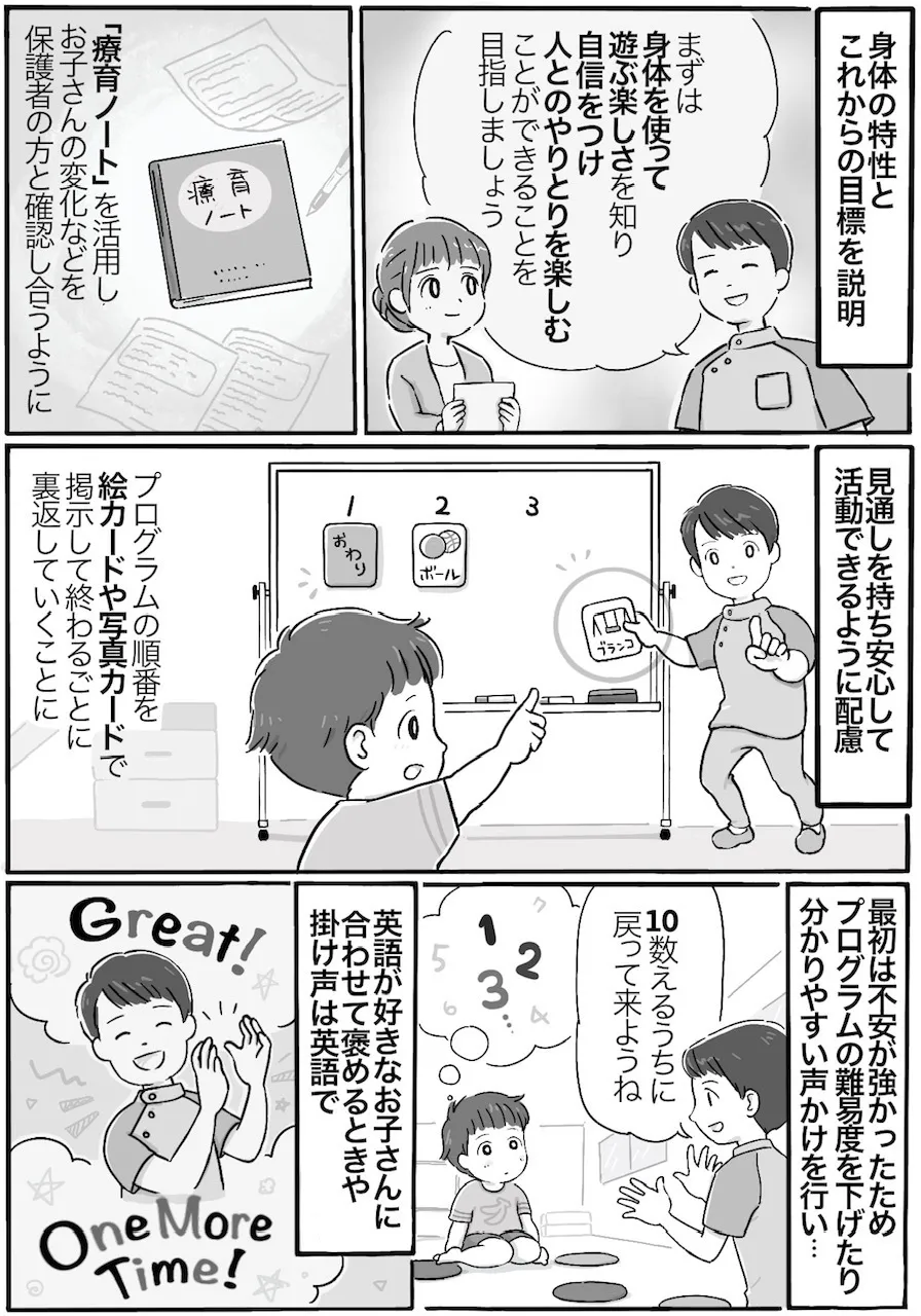 自閉スペクトラム症がある園児の保護者の方に、身体の特性とこれからの目標を説明。理学療法士は、お子さんに合わせてさまざまな工夫を行った。