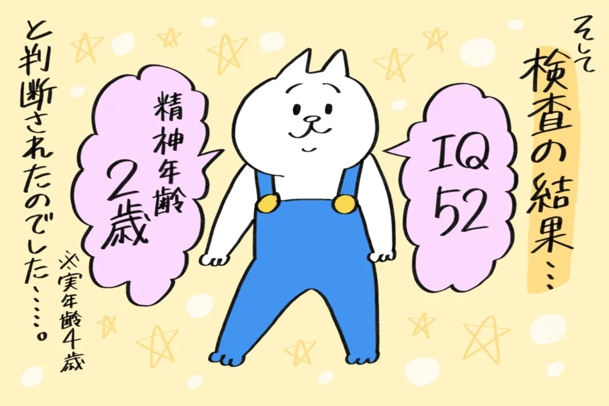 知能検査では、IQ52、精神年齢2歳（実年齢4歳）との結果が出た