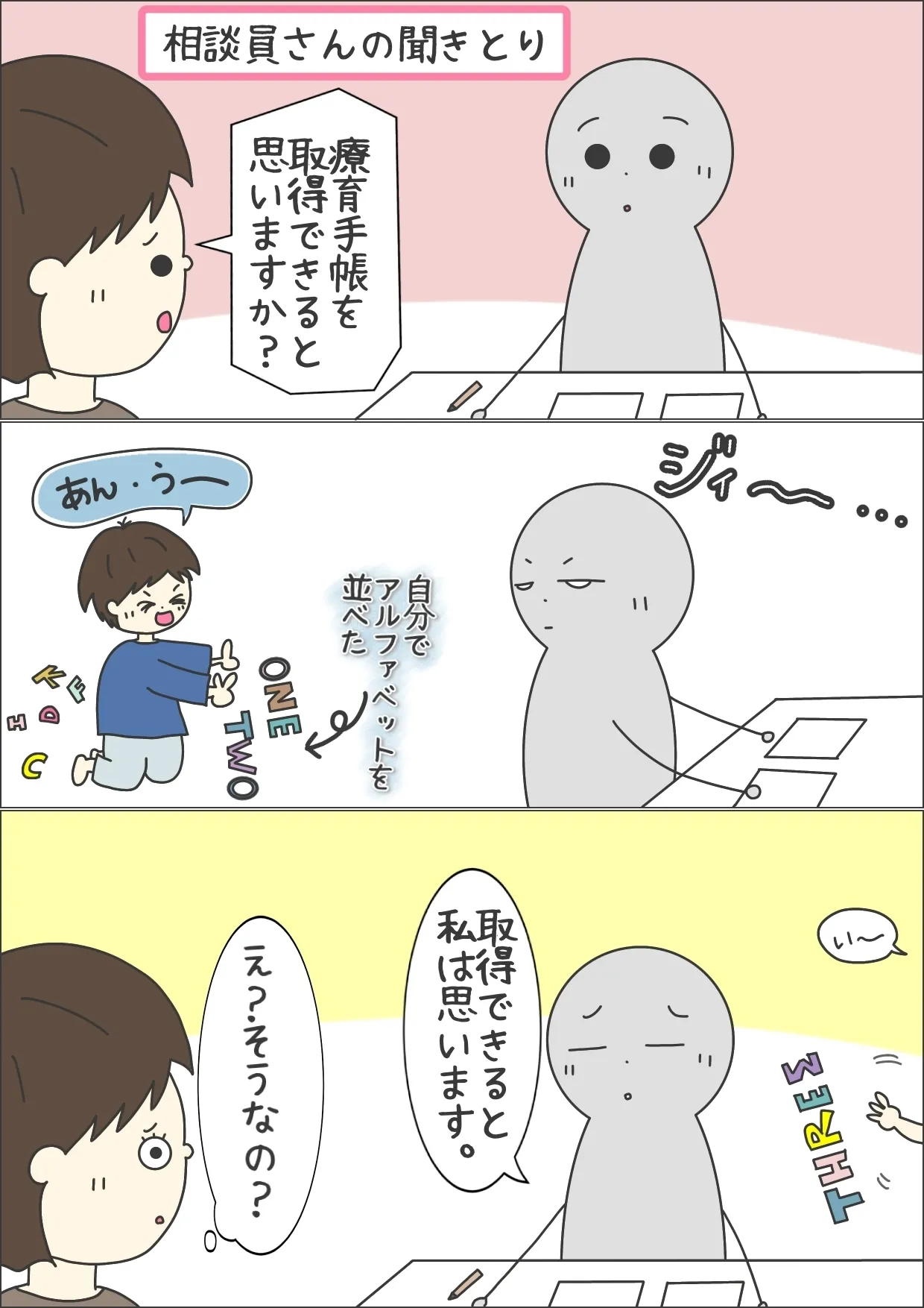 療育手帳の取得を薦められ、聞きとりへ。相談員さんからは「軽度か中度で取得できるんじゃないかと私は思います」と、意外な回答が……！