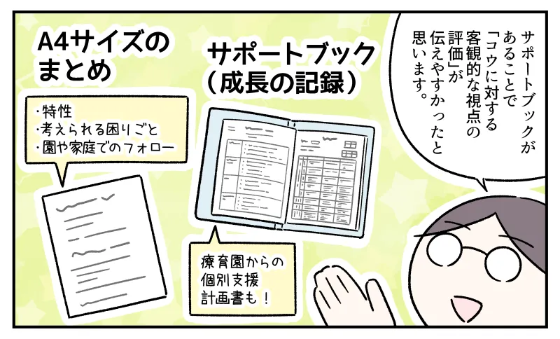 サポートブックがあることで「コウに対する客観的な視点の評価」が伝えやすかった。