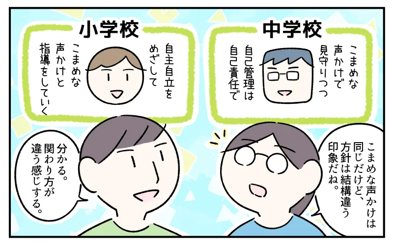 スクールカウンセリングにて日常のささいな疑問点を相談している私。アドバイスを受けて納得している。