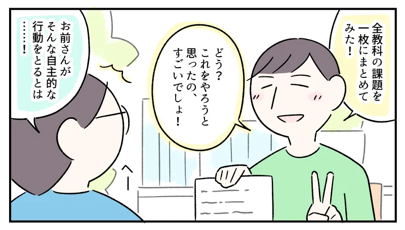 課題を書き出した紙を持ったコウは、得意気にしていました。