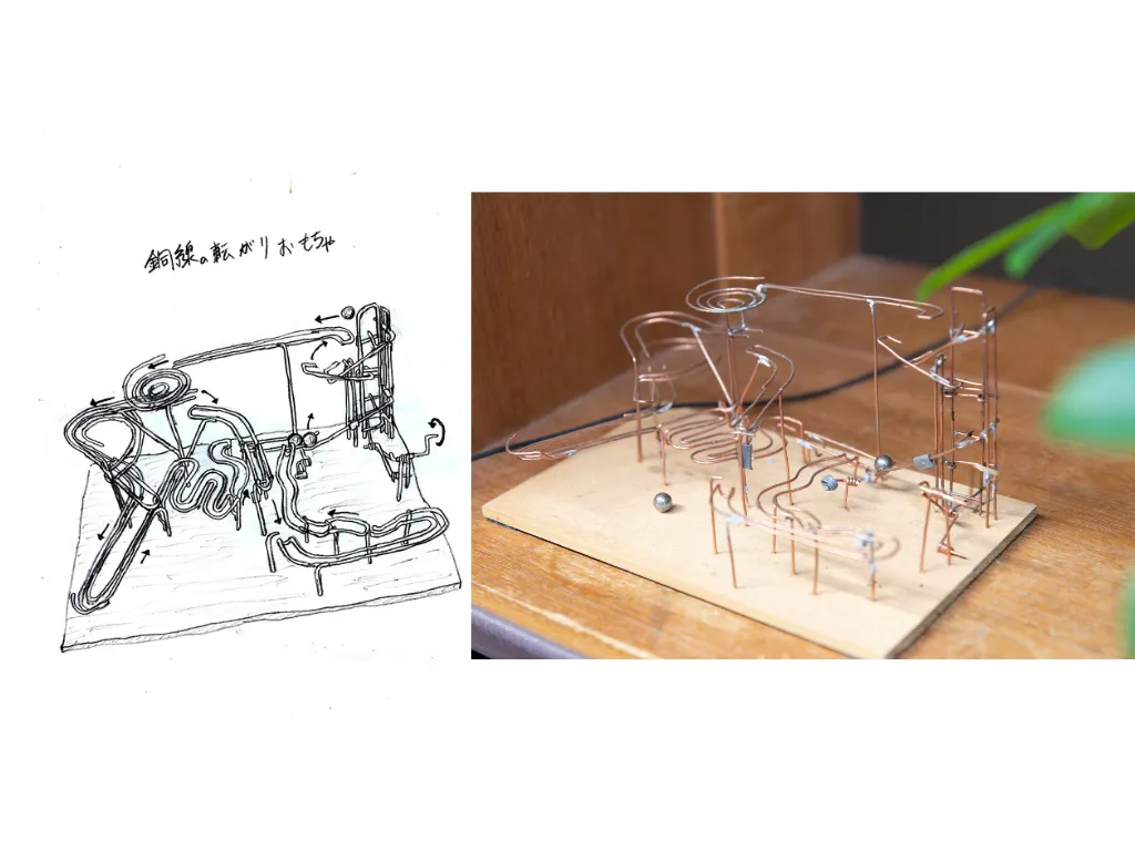 銅の針金で作られた「転がりおもちゃ」。左は本書に収録された手書きのイラストで、実物（右）を忠実に再現している