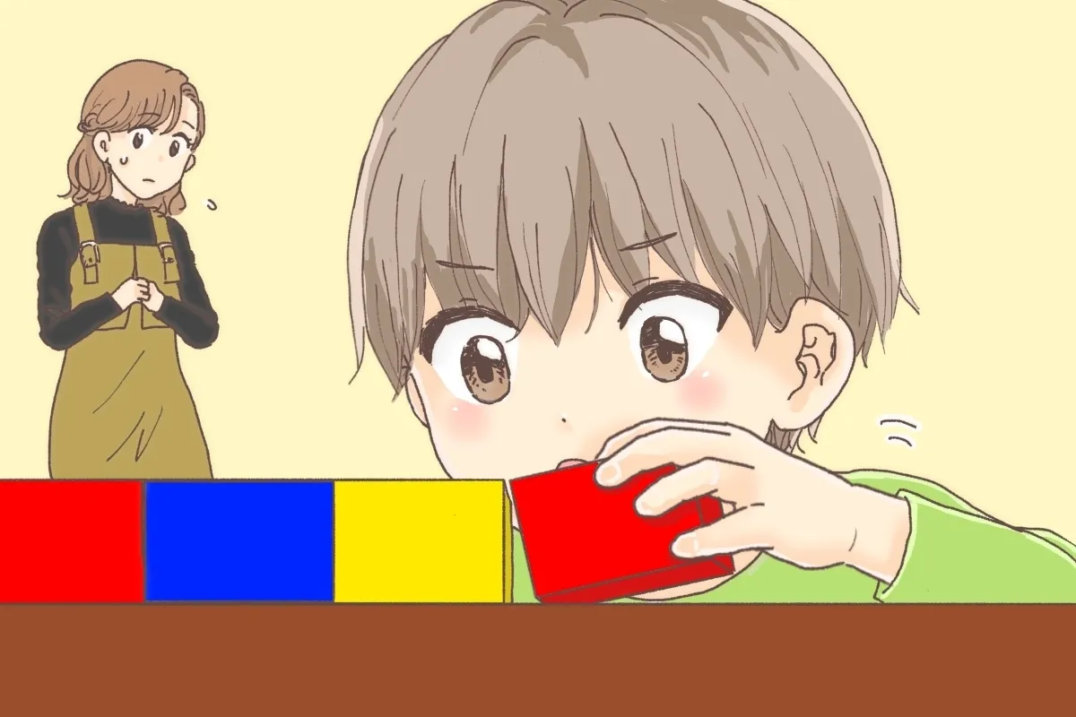 積み木を積むのではなく、ひたすら横一列に並べて遊んでいました
