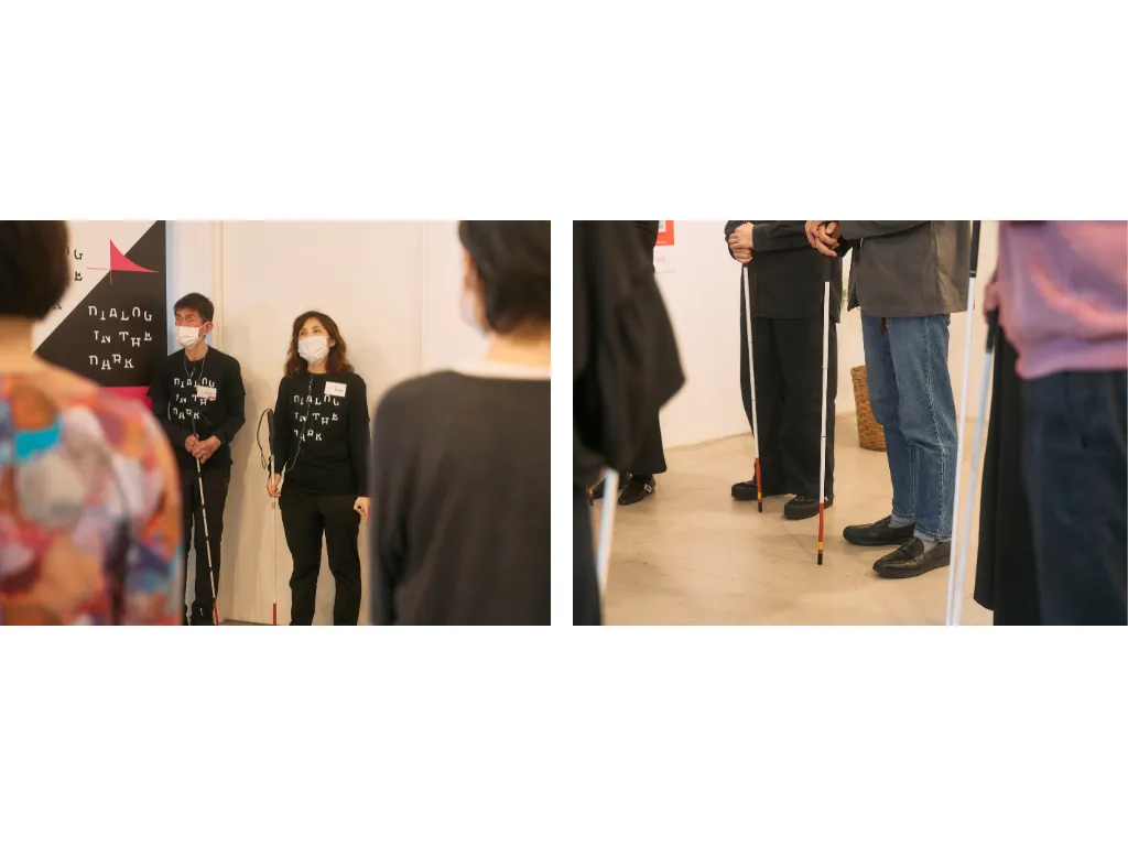 頼りになるのは白杖の感覚と、周りの人の声や気配。視覚を使わないコミュニケーションが、心の距離を縮める