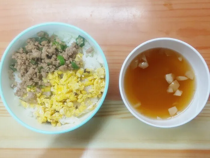 ジュニアスクール虹の橋フレンズ港教室/12/28 昼食「鶏の三色丼・お麩のみそ汁」