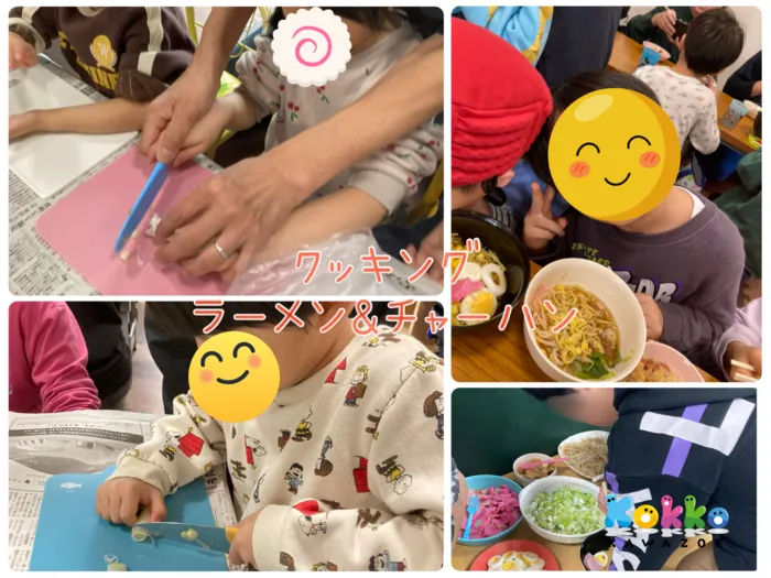 児童発達支援・放課後デイサービス　こっこ川沿/ラーメン体操でクッキングスタート！