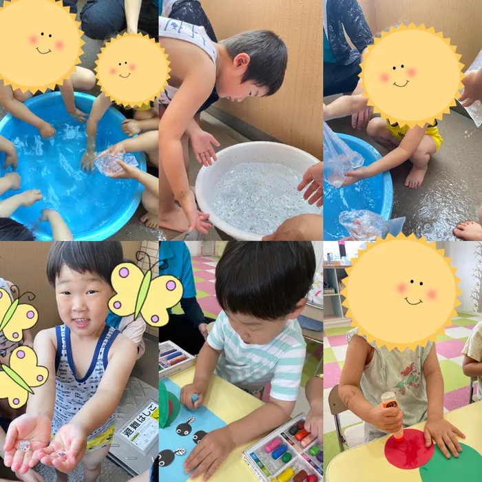 キッズフロンティア Ⅱ番館　幼児クラス/水遊び・カエルの制作