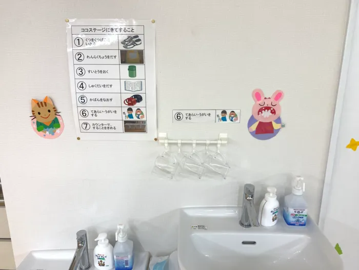 手洗い場も視覚支援により次の行動が一目でわかる様になってます