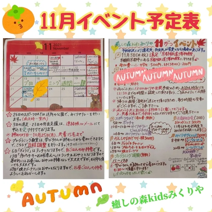 【人気の大型遊具設置♪】児童発達支援事業所　癒しの森Kids　みくりや/☆11月イベント予定☆