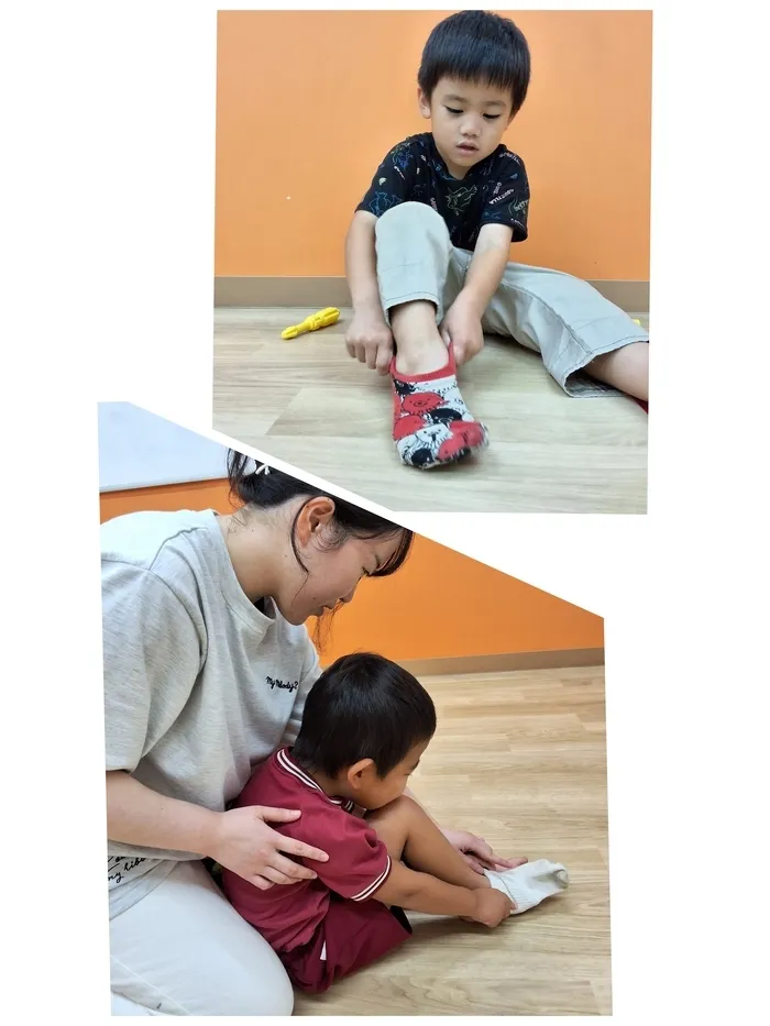 てらぴぁぽけっと松戸八柱教室/くつしたひとりではけるかな