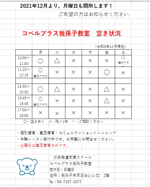 【0～6歳／個別レッスン／グループレッスン】コペルプラス我孫子教室/月曜日開所のご案内