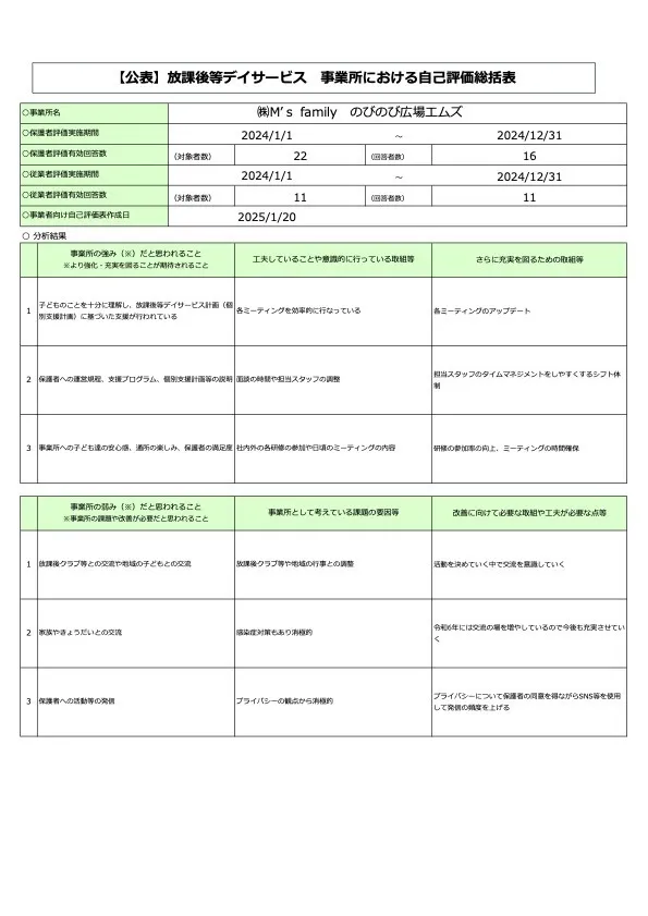 のびのび広場エムズ/2024　放デイ事業所における自己評価総括表