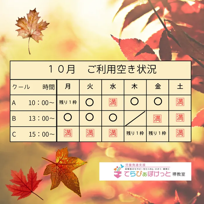 てらぴぁぽけっと　堺教室/１０月のご利用枠の空き状況です！