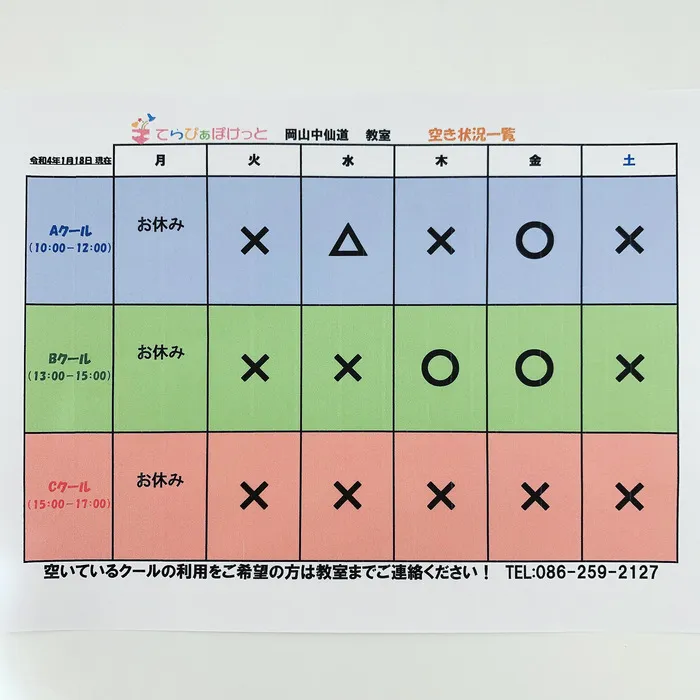 てらぴぁぽけっと　岡山中仙道教室/現在の利用状況です