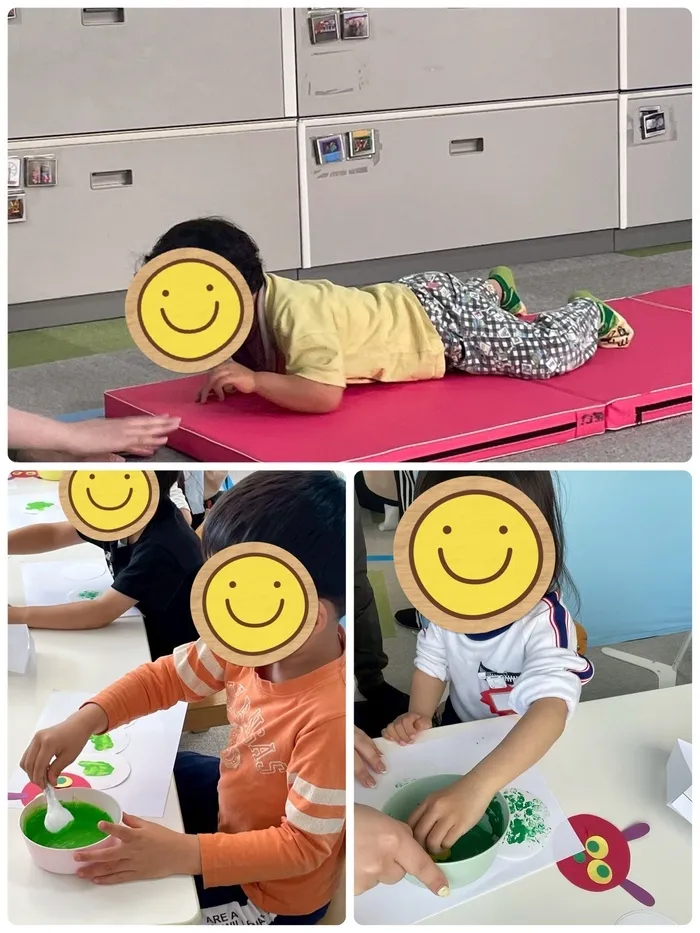 ハッピースマイル北堀江～音楽を主体とした児童発達支援・学習特化型放課後等デイサービス～/児童発達支援　あおむし製作とマット運動🐛