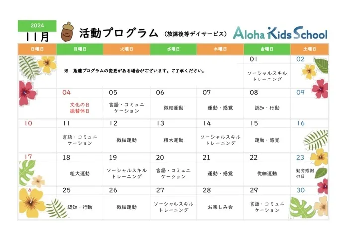 柏市指定事業所　ALOHA KIDS SCHOOL柏/🌴11月の活動予定🌴