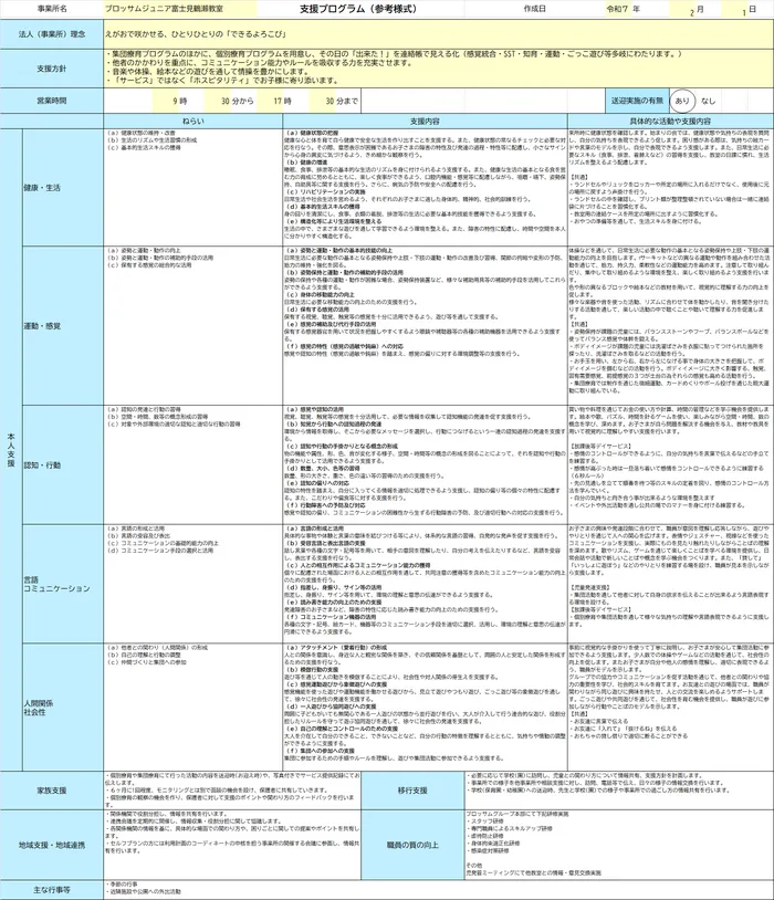 ブロッサムジュニア　富士見鶴瀬教室/支援プログラムを公表します