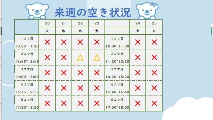 コペルプラス日吉教室/今週の空き状況