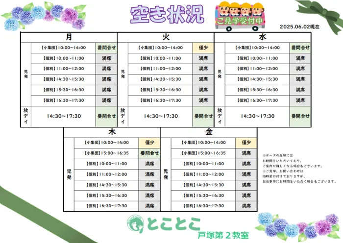児童発達支援・放課後等デイサービスとことこ　戸塚第2教室/【2025年6月現在の空き状況につきまして】