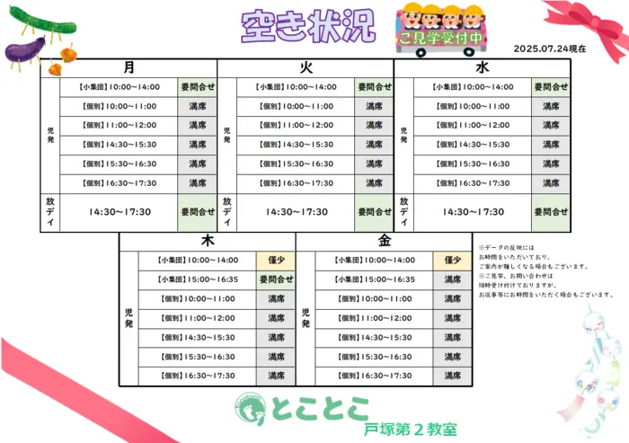 児童発達支援・放課後等デイサービスとことこ　戸塚第2教室/【2025年8月1日現在の空き状況につきまして】