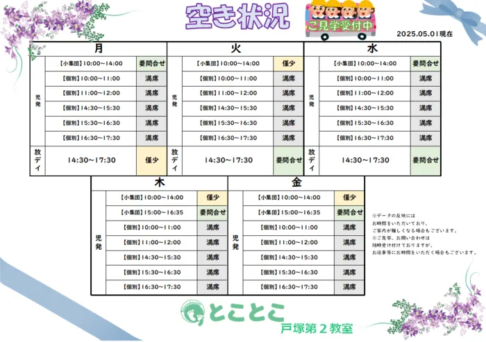 児童発達支援・放課後等デイサービスとことこ　戸塚第2教室/【2025年5月9日現在の空き状況につきまして】