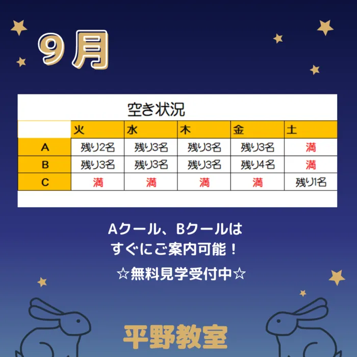 てらぴぁぽけっと平野教室/☆最新☆平野教室の空き状況🐇