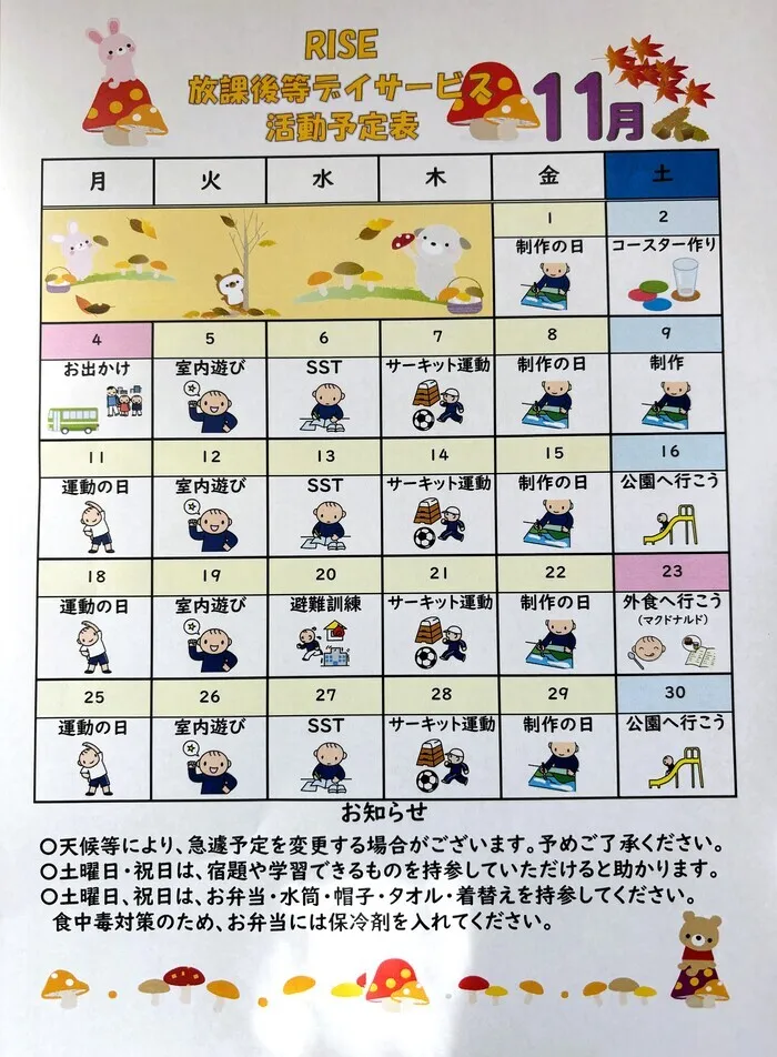 児童発達支援・放課後等デイサービス　RISE/11月の予定表🍂