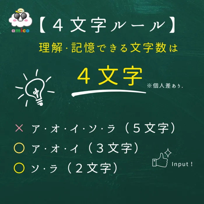 amico玉造教室（個別ー自発・放デイ）（知育・言語・就学準備・学習支援）/【語彙力UP】4文字ルール