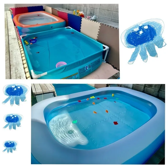庭のプールで夏ならではの水遊びを楽しみます。