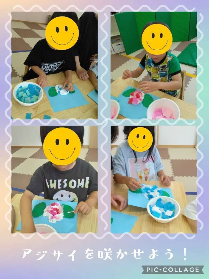 こぱんはうすさくら西千葉教室 ［未就学児＆小学生対象／送迎有］/🌧️梅雨も楽しく♪ ぽんぽんスタンプでアジサイづくり🌸