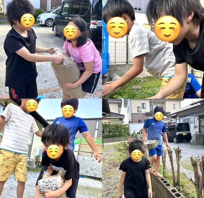 児童発達支援・放課後等デイサービス　おりーぶ/活動“庭のお手入れ（ブロックに砂詰め）”🧱