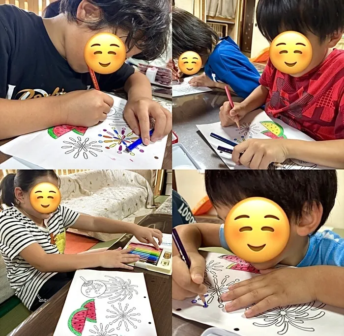 児童発達支援・放課後等デイサービス　おりーぶ/活動“スイカと花火の塗り絵”🍉🎆