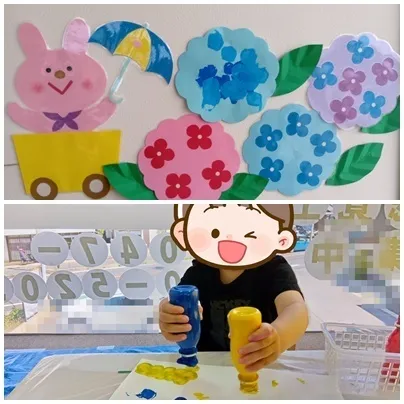 あい・はーと児童発達支援ルーム/季節の制作「えのぐスタンプであじさいづくり」☔🐌