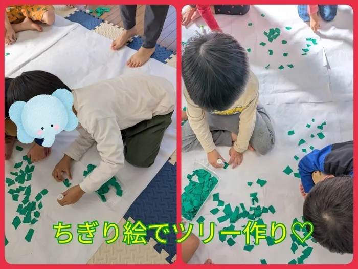 遊び＋運動で経験を加速させよう！　　放課後等デイサービス　ビー・フラッグス（運動療育）/ちぎり絵でクリスマスツリー作り🎄💓