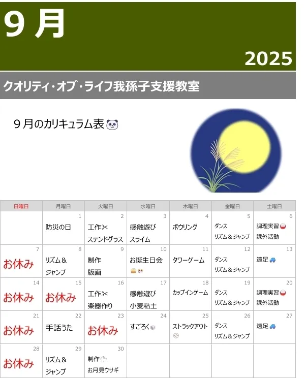 クオリティ・オブ・ライフ 我孫子支援教室/９月のカリキュラム表です🐼